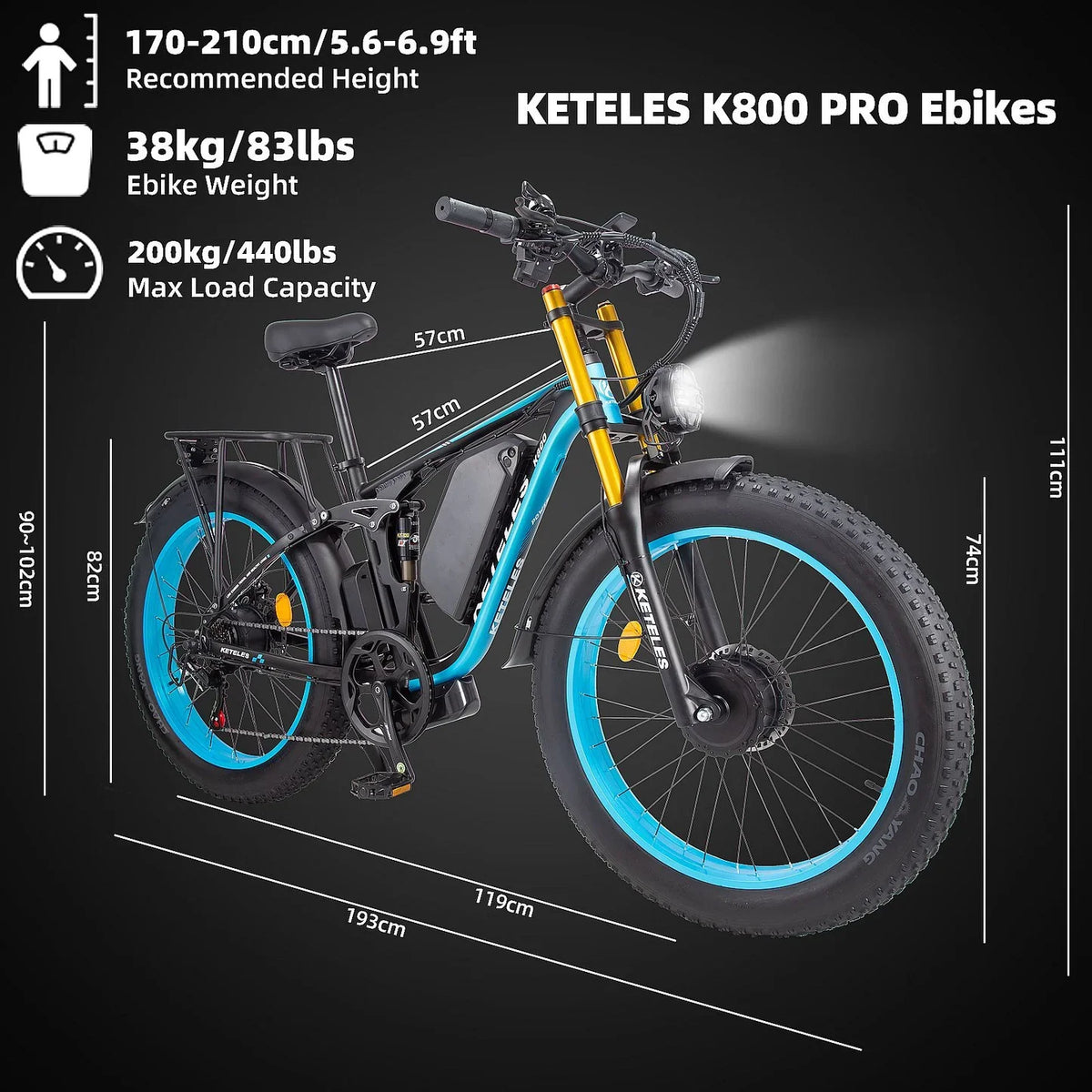 KETELES K800 Pro Electric Bike size and dimensions