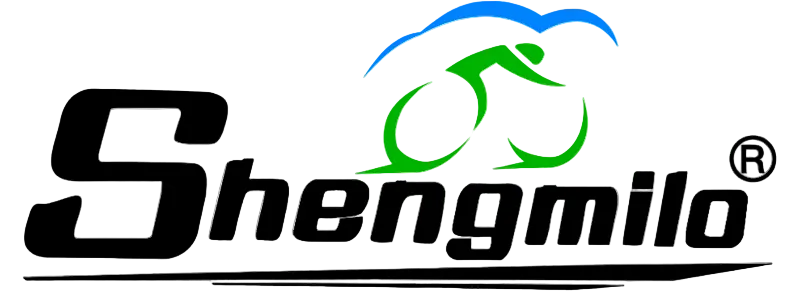 Black Shengmilo text logo with a stylized green cyclist and blue curved lines above on a white background