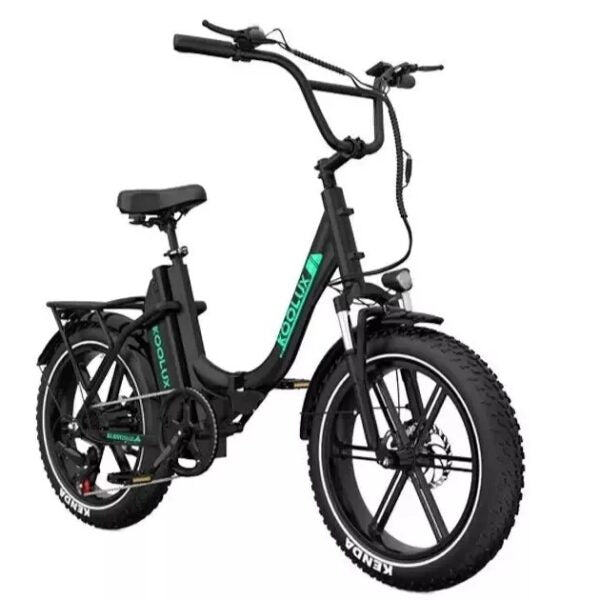 A black electric bicycle with thick tires, a step-through frame, and the brand name Koolux in green on the frame. The bike has front and rear fenders, a rear rack, and visible battery placement.