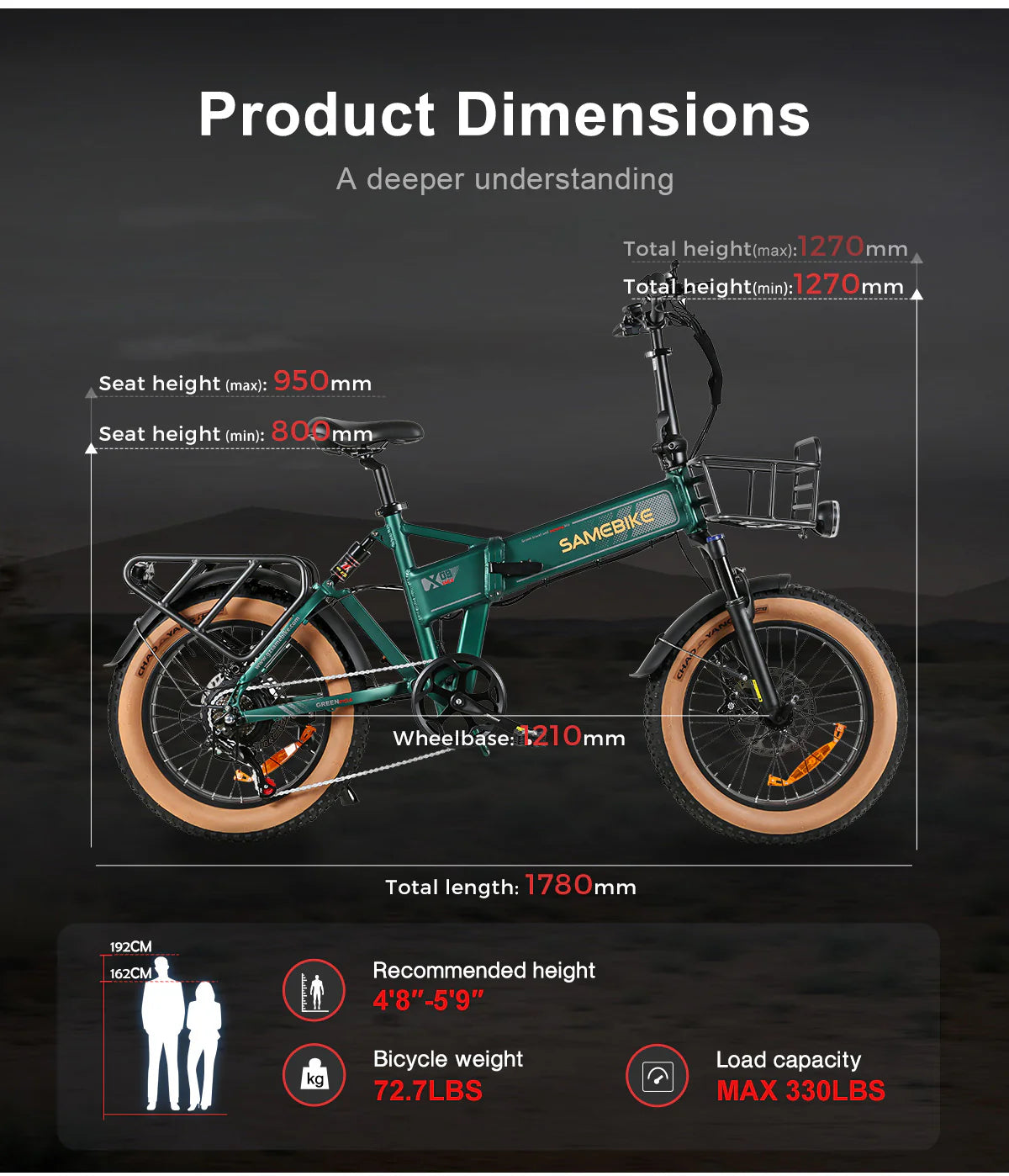 Samebike XWLX09-II Folding Electric Bike dimensions