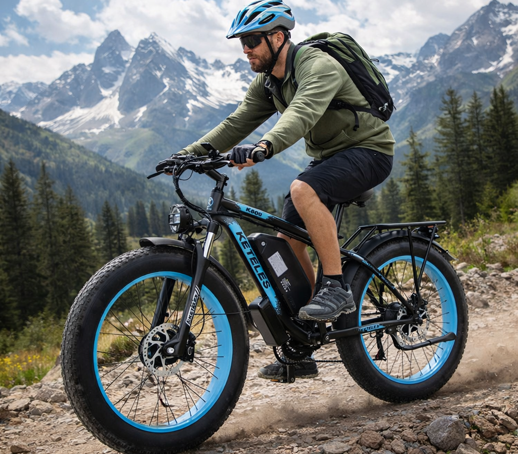 Man wearing helmet and backpack riding a black and blue electric fat tire bike on a mountain trail