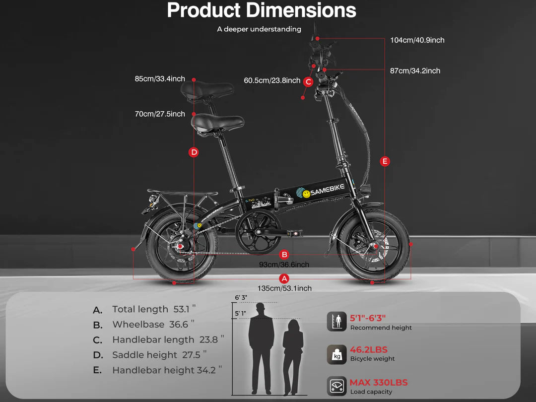 Samebike YINYU14 14” Electric Bike dimensions