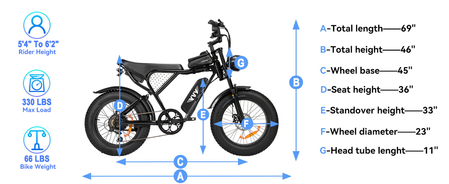 YVY Q20 (C20) Lite Electric Bike dimensions