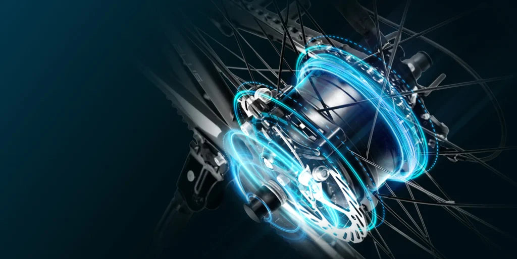 Close-up of a bicycle wheel hub with glowing blue digital effects, highlighting advanced technology and mechanical components, suggesting innovation in bike engineering or smart cycling features.