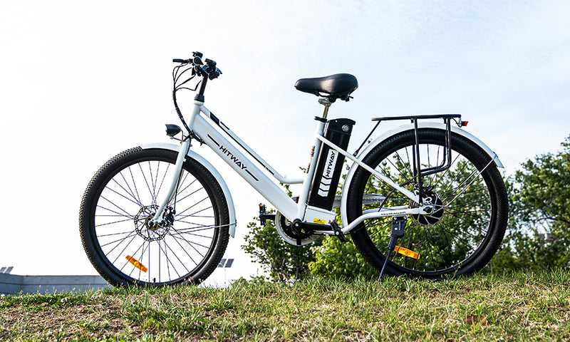 A white electric bicycle with a battery mounted on the frame is parked on grassy ground. Trees and a partly cloudy sky are visible in the background.