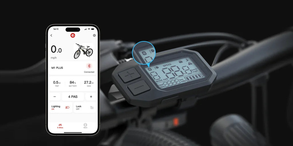 A close-up of an electric bike handlebar display showing speed and settings, next to a smartphone screen displaying a connected biking app interface with ride data and controls.