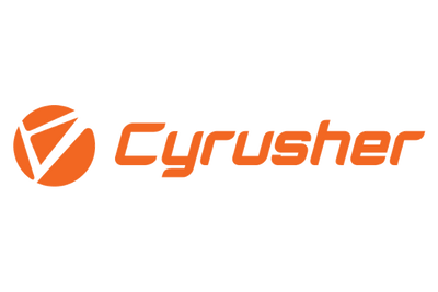 Orange Cyrusher logo with stylized geometric icon and bold modern lettering on a transparent background