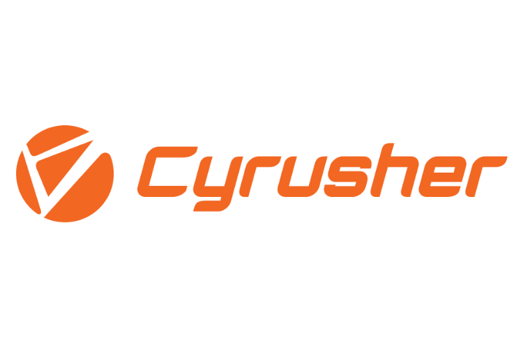 Orange Cyrusher logo with stylized geometric icon and bold modern lettering on a transparent background