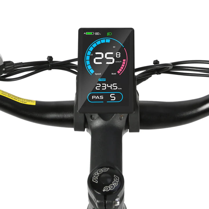 Close-up view of an electric bicycle handlebar with a digital display showing speed (25.8 km/h), trip distance (23.45 km), battery level, and pedal assist setting (PAS 5).