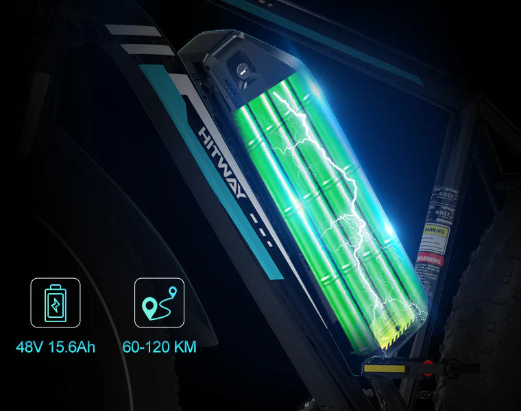 A close-up of an electric bike battery mounted on a bike frame, partially transparent to show glowing green battery cells inside. Icons indicate 48V 15.6Ah capacity and a range of 60-120 km.