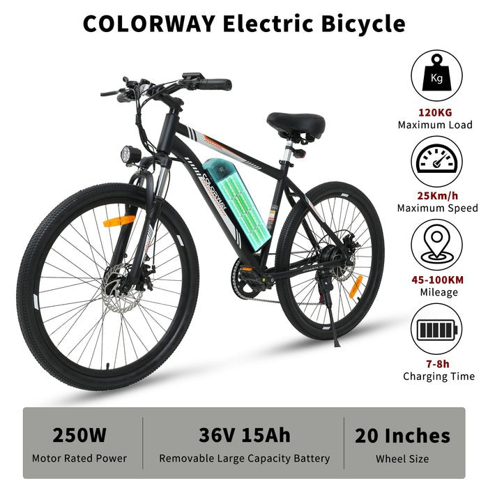 Electric bicycle with a black frame, highlighted battery, and labeled features: 250W motor, 36V 15Ah battery, 20-inch wheels, max load 120kg, max speed 25km/h, 45–100km range, and 7–8 hours charging time.