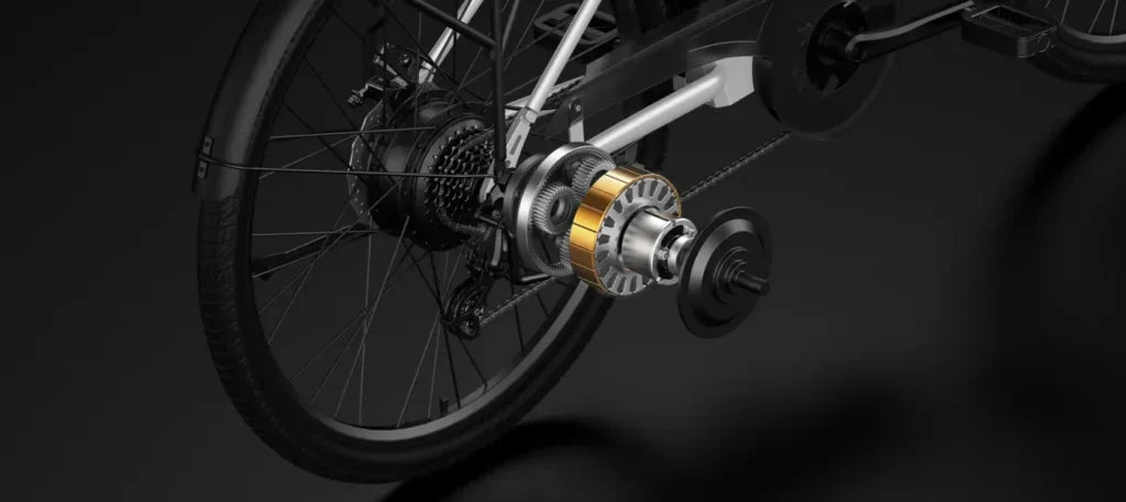 A close-up view of a bicycles rear wheel showcasing an exposed gear mechanism and drivetrain, highlighting mechanical components and their assembly.