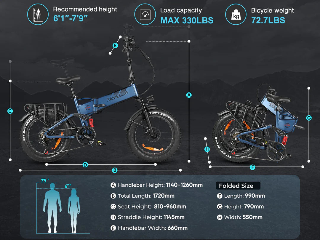 Samebike RS A02 Pro Electric Bike size and dimensions