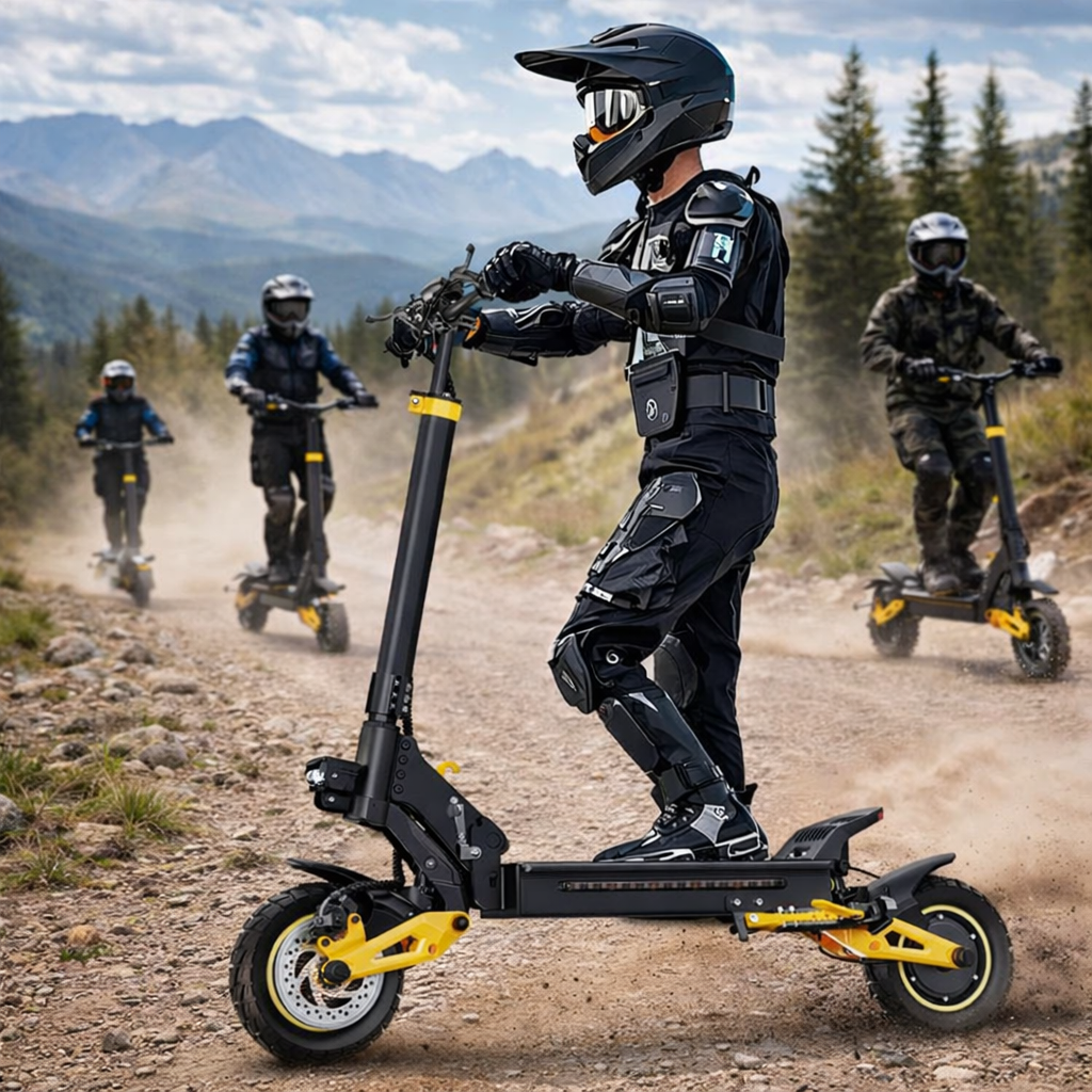 Person wearing full black protective gear riding a black and yellow electric scooter on a dirt trail with mountains and trees.
