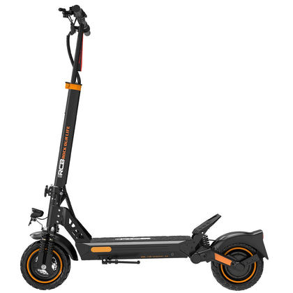 Side view of the RCB D5 Pro Electric Scooter 500W 48V 27AH in black with orange accents, featuring a long-range battery, thick tires, sturdy folding frame, suspension, kickstand, and upright handlebar and deck.