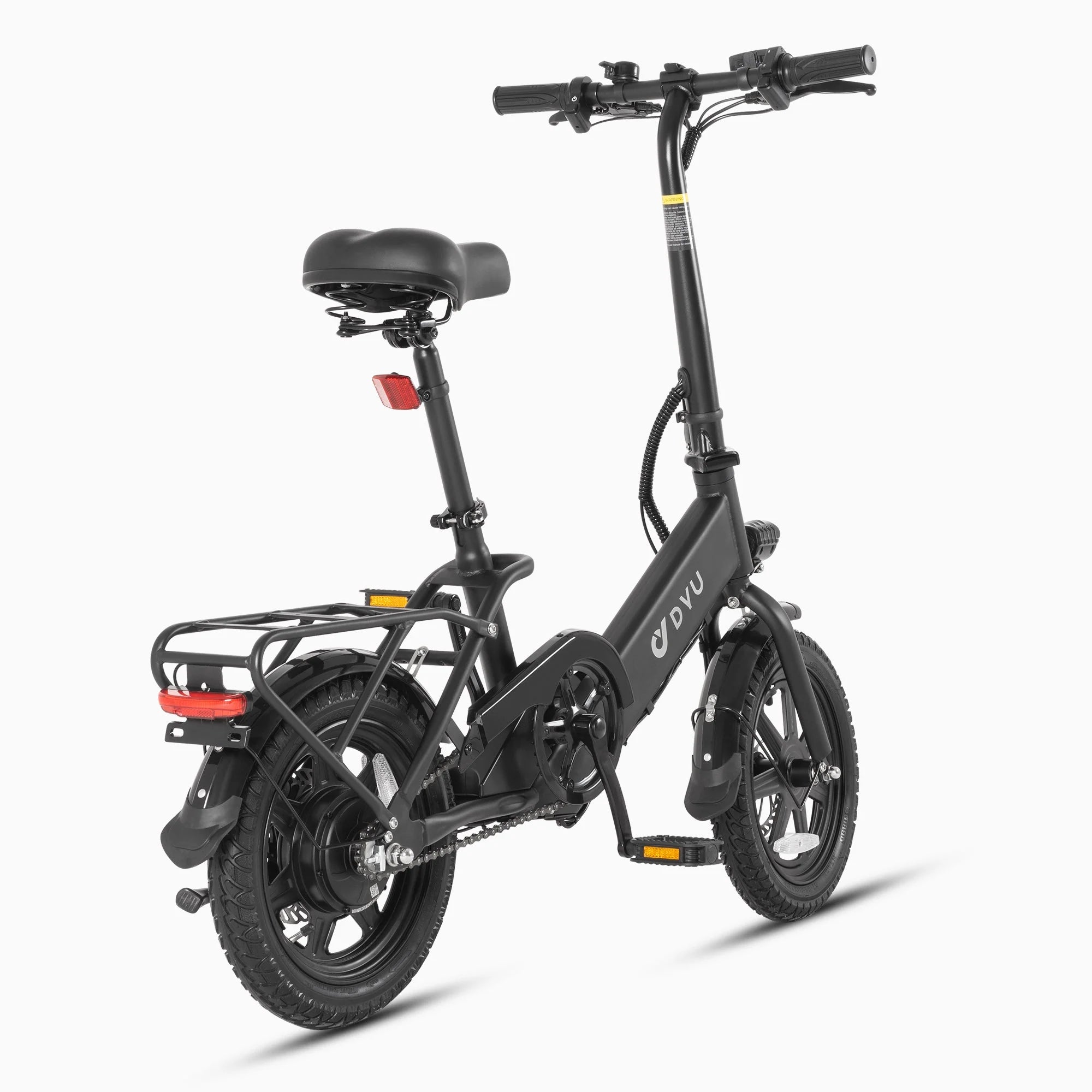 The DYU C3 Mini Electric Bike by DYU is a black, foldable city e-bike featuring a padded seat, rear cargo rack, 250W rear motor, and reflectors. It is shown from a rear-side angle against a white background.