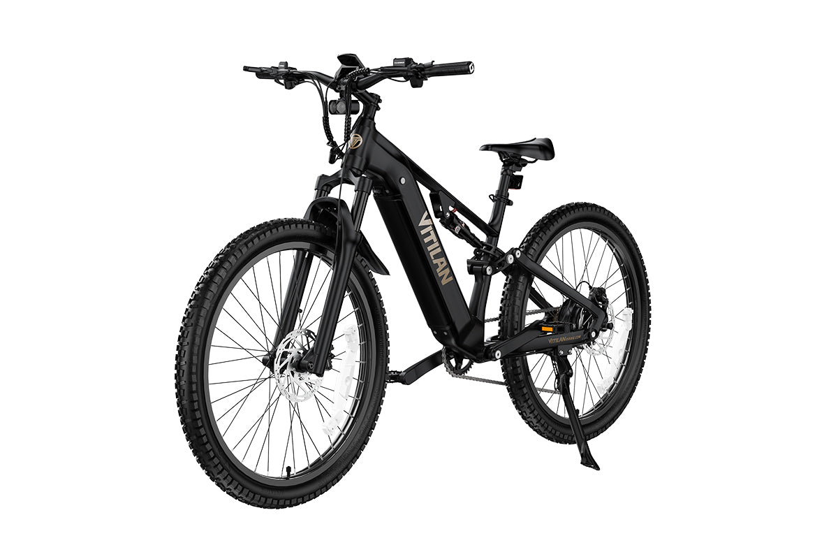 Vitilan M5 black full suspension e-bike front three-quarter view