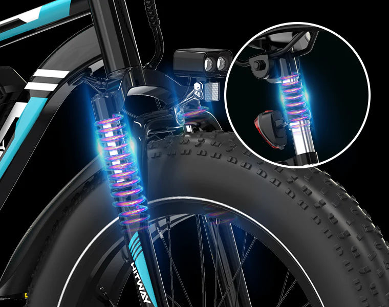 Close-up of a bicycles front suspension fork with glowing effects highlighting the suspension springs, focusing on the shock absorber and fat tire. An inset circle shows a detailed view of the suspension mechanism.