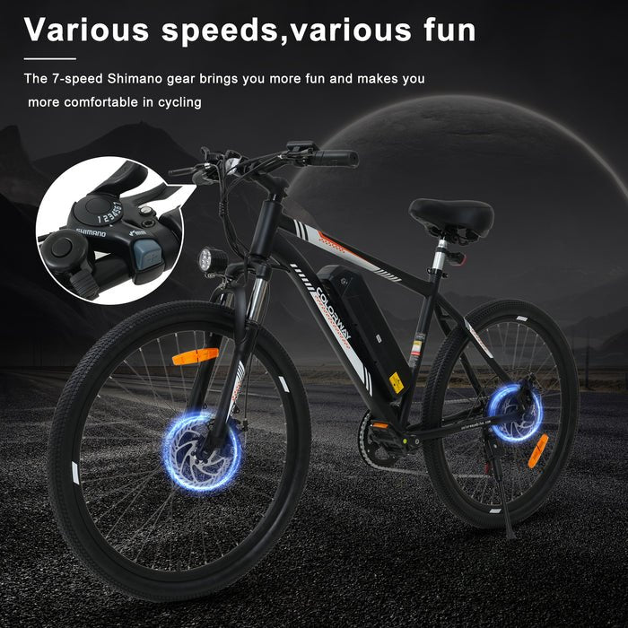 Electric bicycle with illuminated wheels is displayed on a dark, outdoor background. Inset shows a close-up of the Shimano 7-speed gear shifter. Text highlights the fun and comfort of cycling with various speed options.