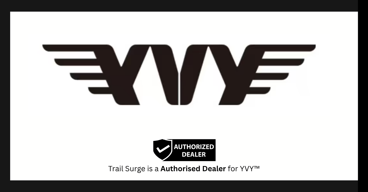 Black stylized YVY logo with wing-like extensions, above a shield icon labeled Authorized Dealer. Text below reads, Trail Surge is a Authorised Dealer for YVY™ on a white background.