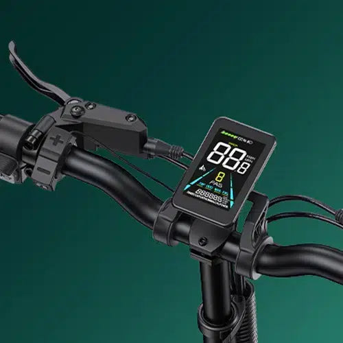 Close-up of an electric bike handlebar with a digital display screen showing speed, battery level, and other riding information against a green background.