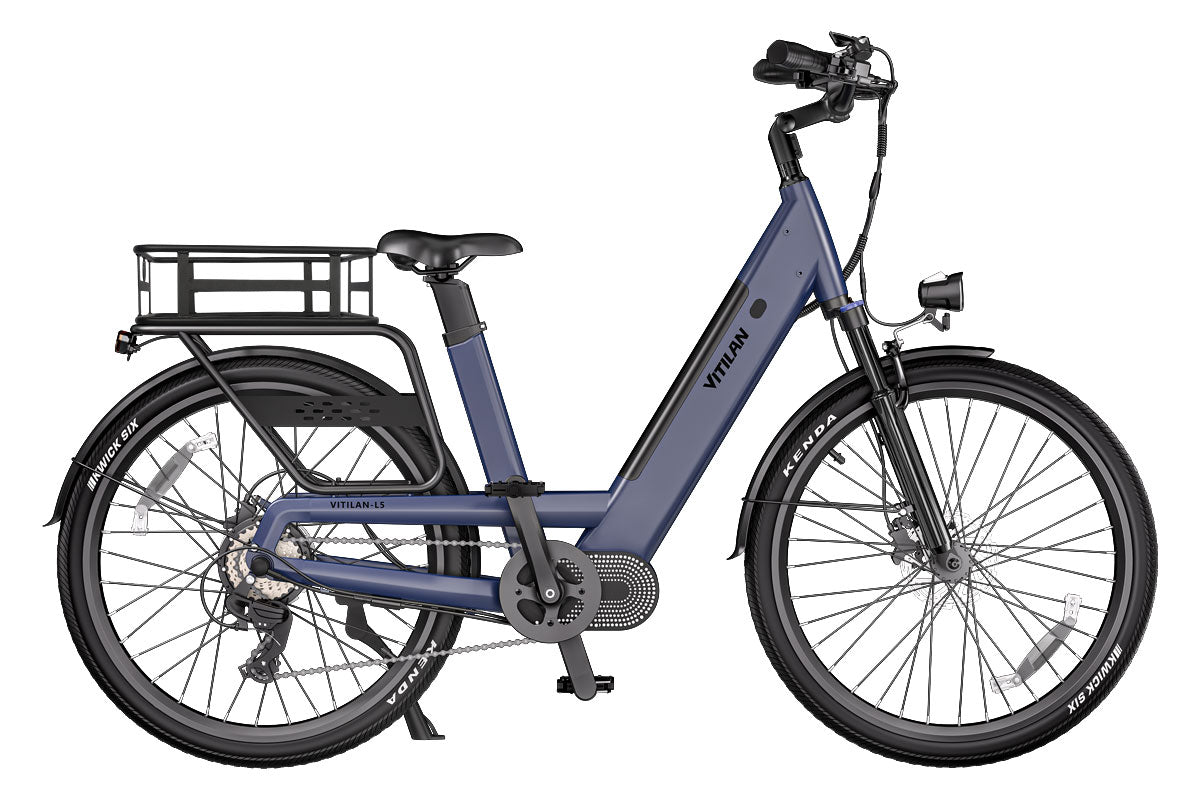 Vitilan L5 Electric Bike - Blue with rear basket
