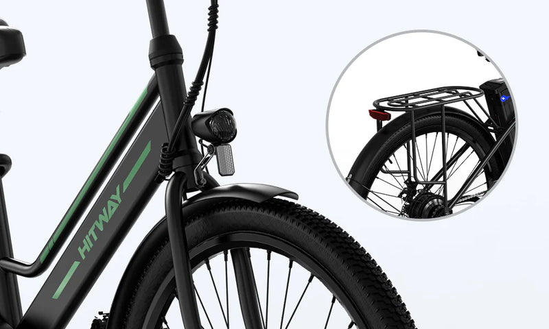 Close-up of a black HITWAY electric bike showing the front wheel, headlight, and part of the frame. Inset circle highlights the bike’s rear wheel and back cargo rack.