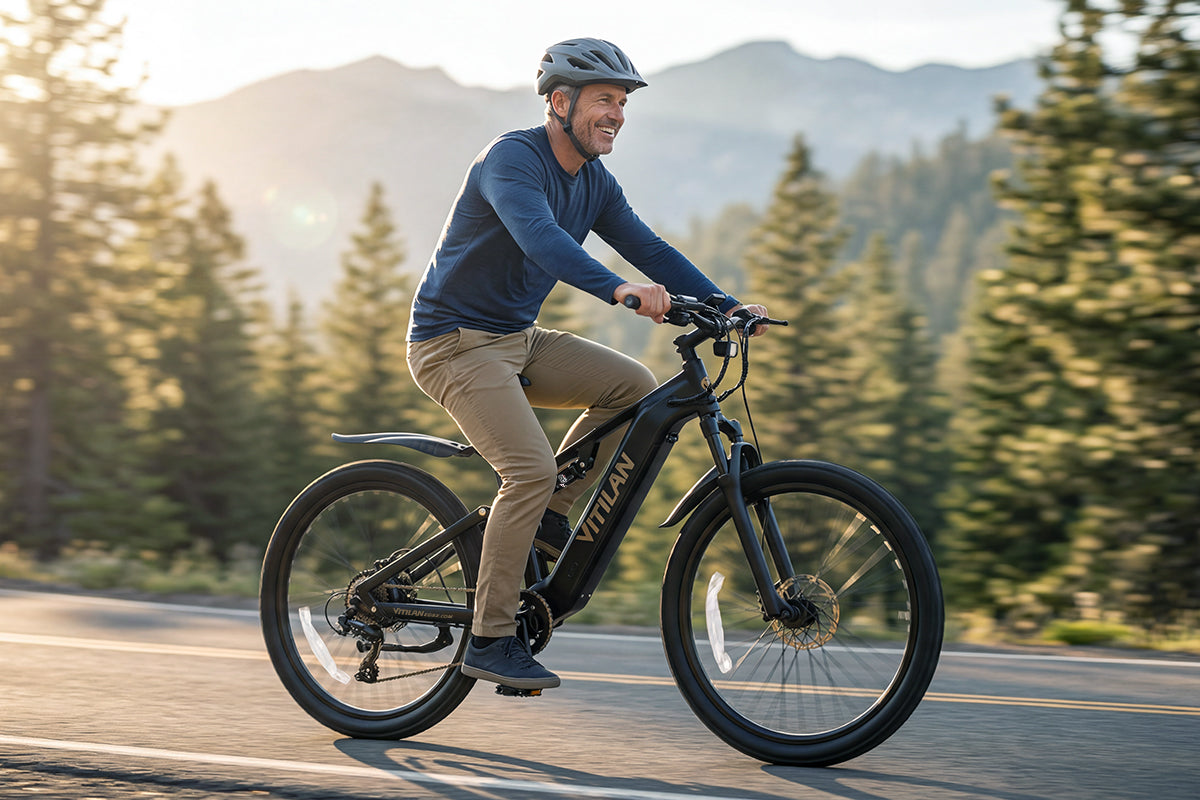 Vitilan M5 electric mountain bike lifestyle mountain road image