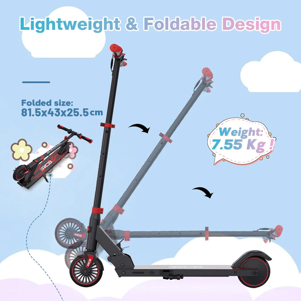 Electric scooter shown unfolding, with arrows illustrating its transition from folded to upright position. Text highlights its lightweight, foldable design, 81.5x43x25.5 cm folded size, and 7.55 kg weight. Cloud graphics in background.