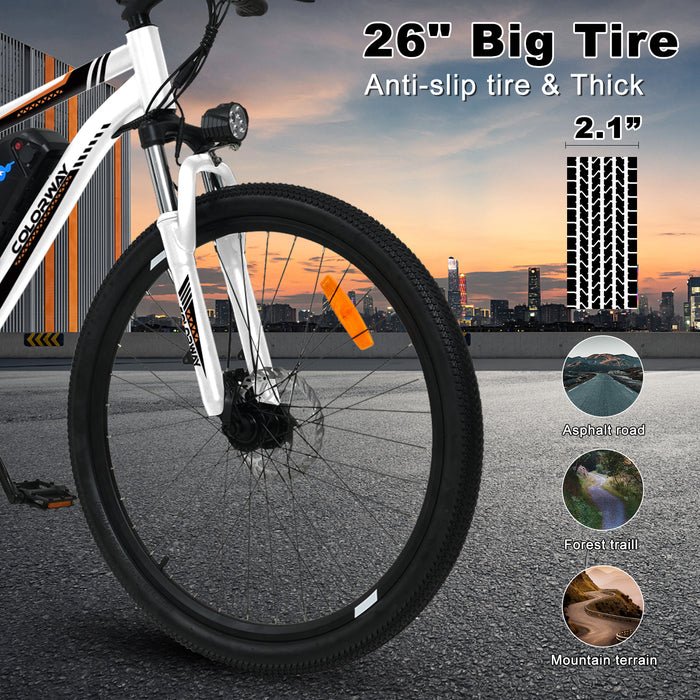 Close-up of a white bikes front wheel with a 26-inch thick, anti-slip tire. The background shows a city skyline at sunset. Inset images show the tires suitability for asphalt, forest trails, and mountain terrain.