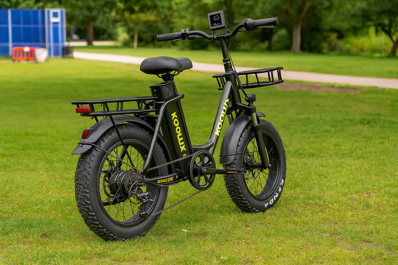 A black KOOLUX electric bike with thick tires, front and rear cargo racks, and a digital display is parked on green grass in a park with trees and a walking path in the background.