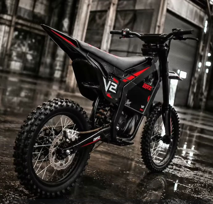 BRZ V2 electric dirt bike rear three-quarter view