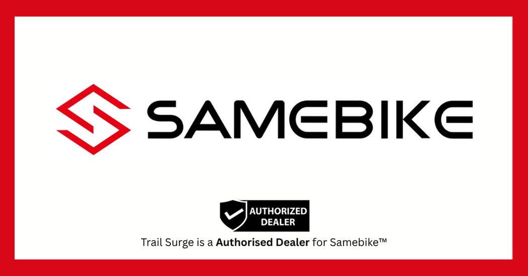 Logo for SAMEBIKE with a red geometric symbol on the left. Below, a black badge reads AUTHORIZED DEALER above the text: Trail Surge is a Authorised Dealer for Samebike™. Red border frames the image.