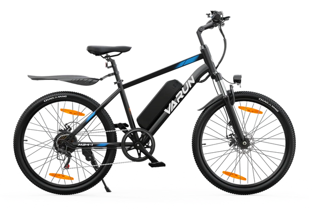 The VARUN M24 Electric Bike 24inch 36V 8Ah in black and blue is shown side view with a central battery, front suspension, disc brakes, and wheel reflectors—making it a stylish and practical city commuter e-bike.