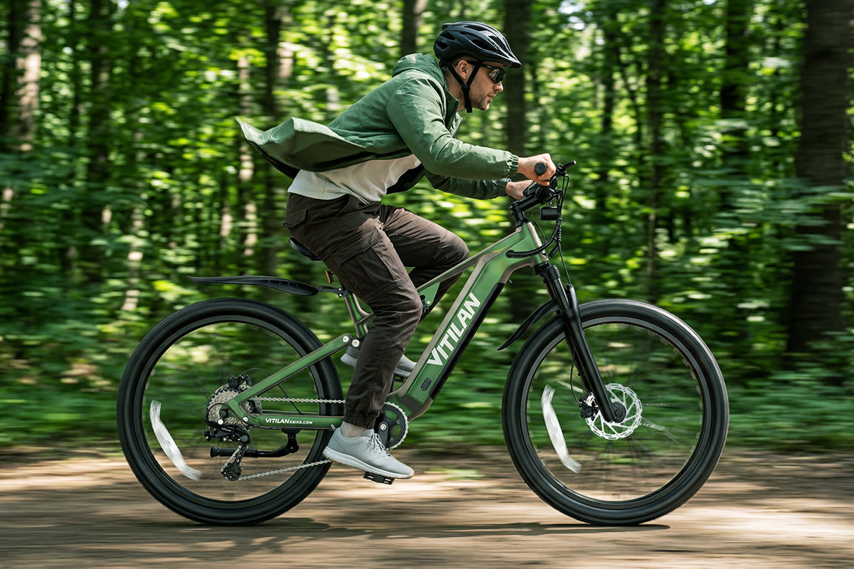Vitilan M5 Green Chameleon electric bike on trail