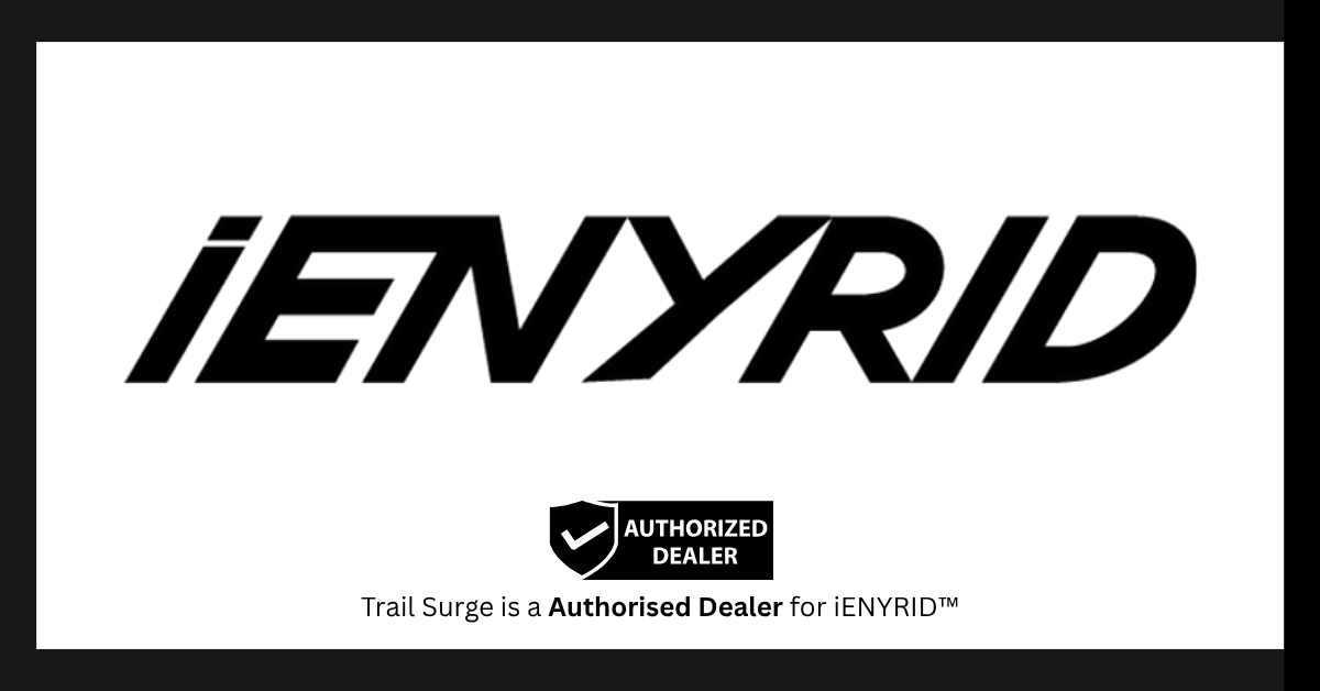 The image displays the iENYRID logo in bold black letters. Below it, there’s a shield icon with a checkmark and the words AUTHORIZED DEALER. Text below reads: Trail Surge is a Authorised Dealer for iENYRID™.