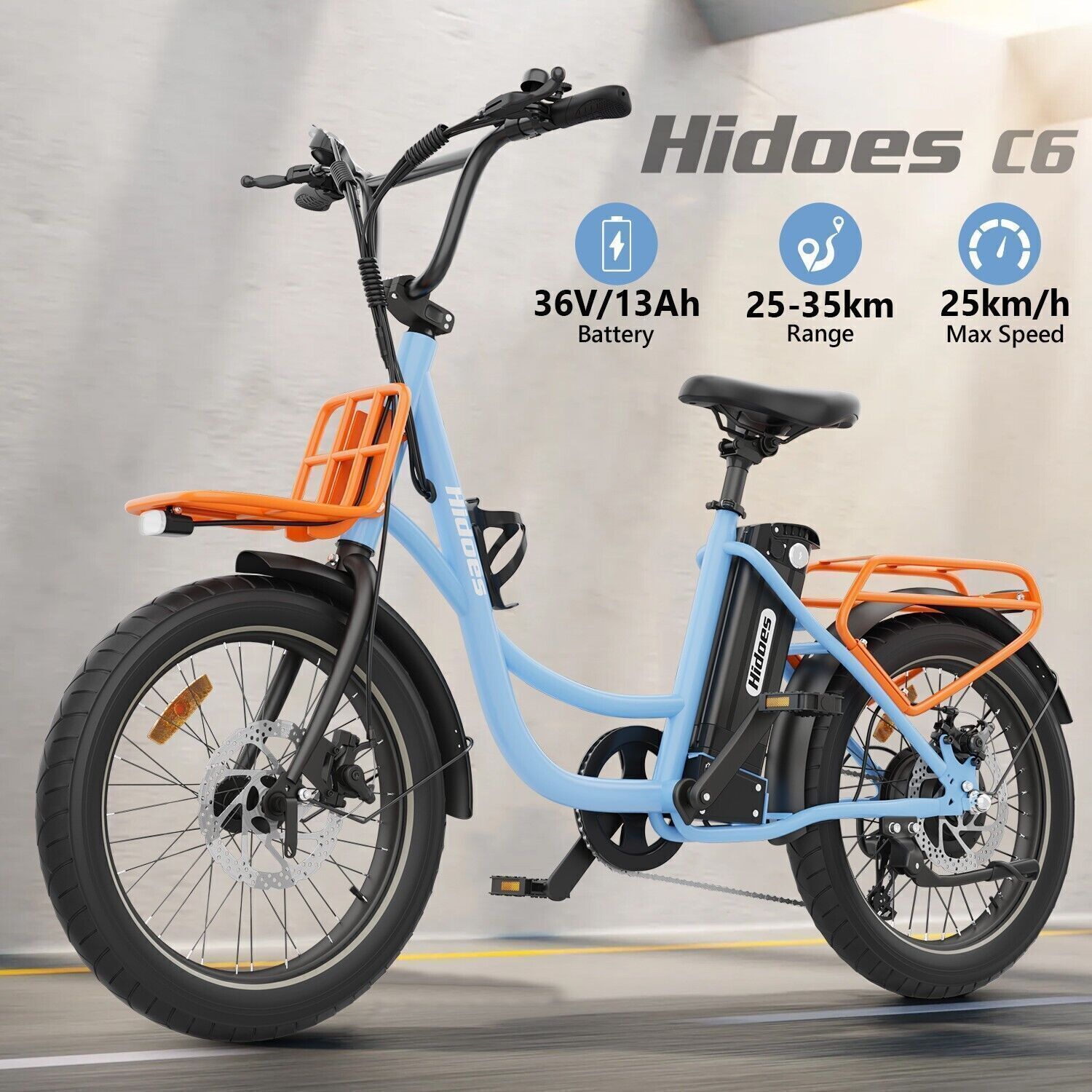 Light blue Hidoes C6 electric bike with front and rear racks, 36V/13Ah battery, and specs showing 25–35 km range and 25 km/h max speed. The bike is displayed in a bright, modern, indoor setting.