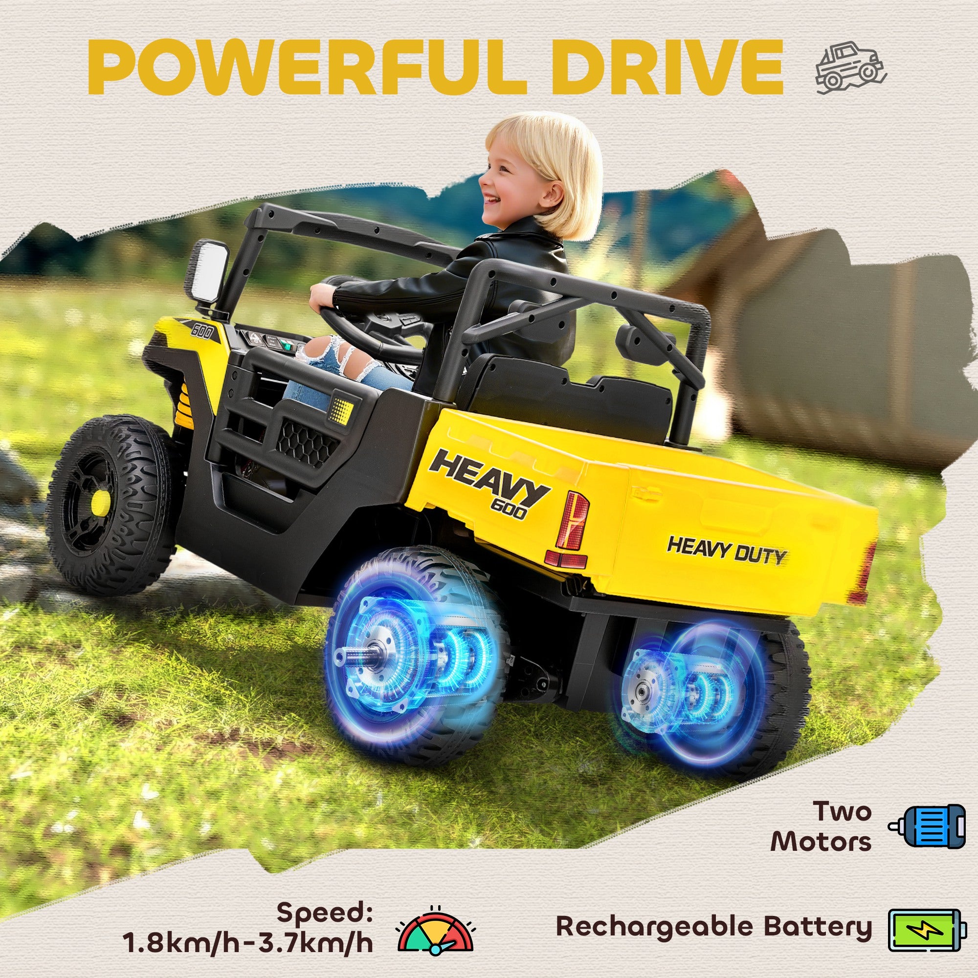 AIYAPLAY 12V Kids UTV Ride-On with Dump Bed
