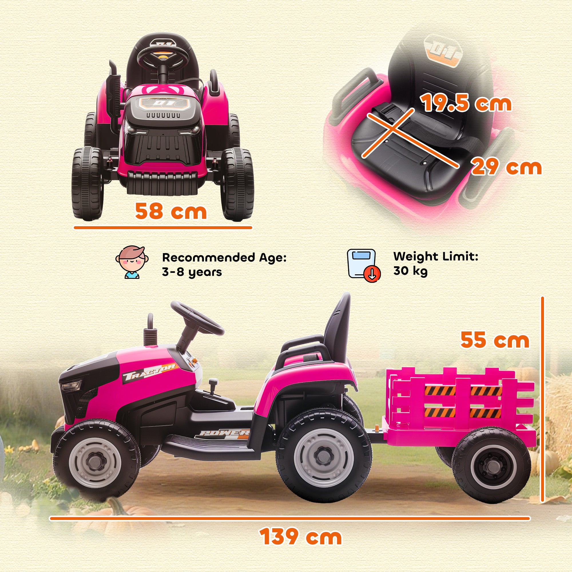 AIYAPLAY 12V Kids Ride-On Tractor with Trailer