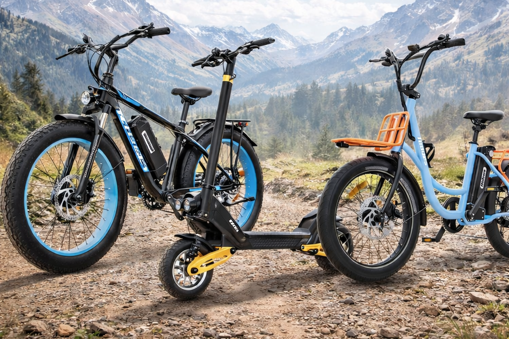 Two electric bikes and one electric scooter parked on a rocky trail with mountains and trees in the background