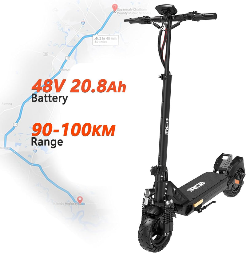 Electric scooter with a map in the background. Text highlights “48V 20.8Ah Battery” and “90-100KM Range.” The scooter is black with thick tires and a sturdy frame, positioned in front of the map.