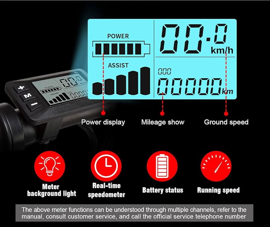 Digital electric bike display shows power level, speed in km/h, mileage, and assist level. Icons below highlight features: meter background light, real-time speedometer, battery status, and running speed.