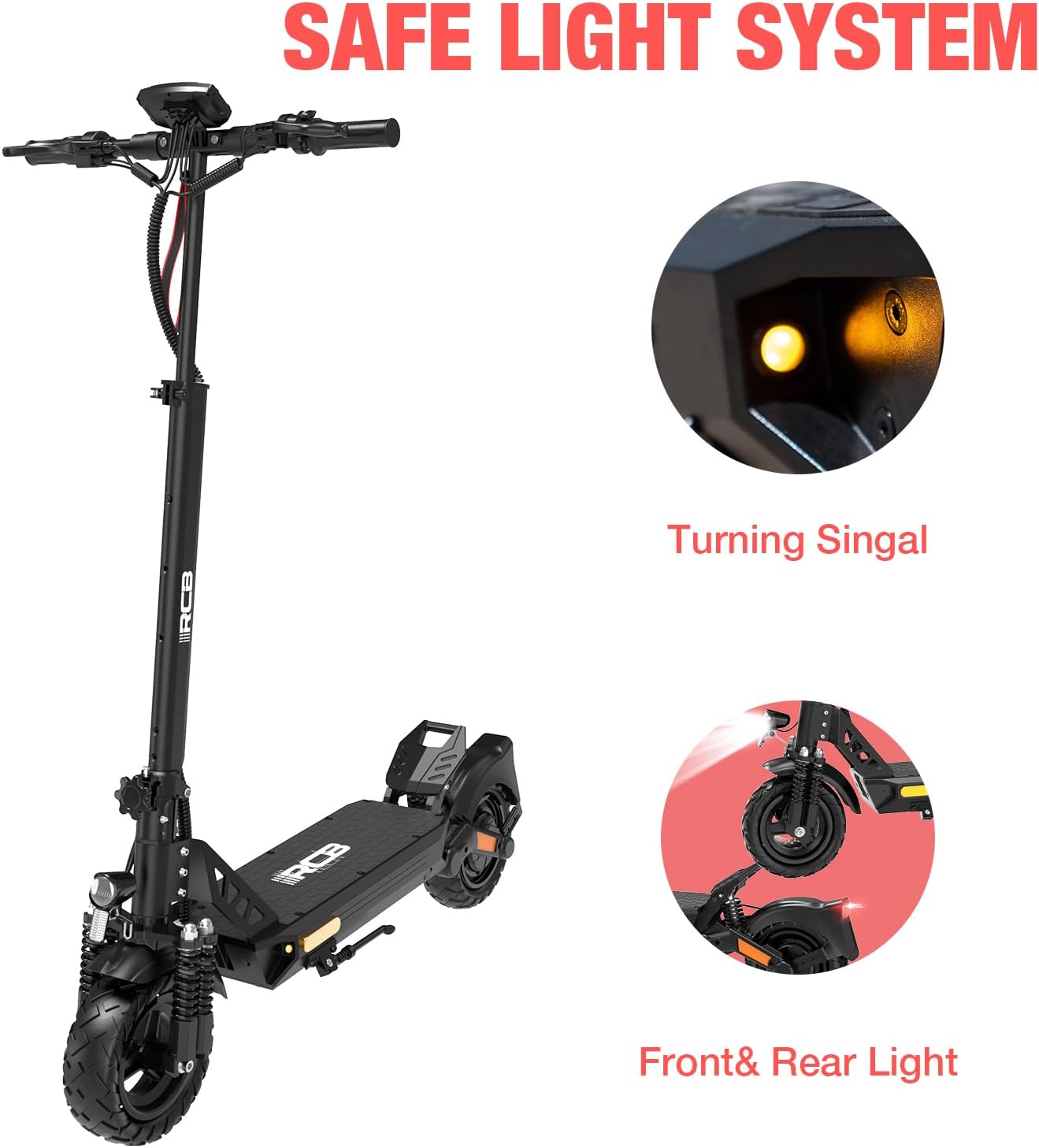 Electric scooter with a black frame, showing close-ups of its yellow front and rear lights, and a turning signal. Bold red text above reads SAFE LIGHT SYSTEM.