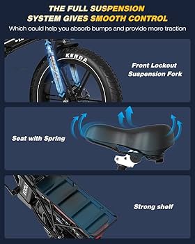 Infographic showing a bicycles features: front lockout suspension fork, seat with spring, and strong rear shelf. Each feature is highlighted with images and arrows, emphasizing smooth control and shock absorption.