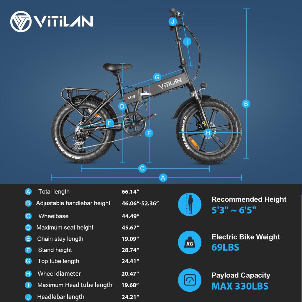 Vitilan V3 2.0 Folding Electric Bike size and dimensions