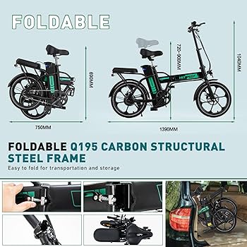 Infographic of a foldable electric bike with Q195 carbon structural steel frame, showing its dimensions folded (750mm x 690mm) and unfolded (1390mm x 960mm), and images of the bike being folded and loaded into a car.