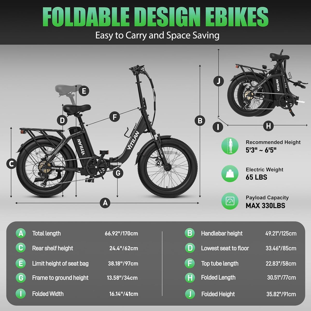 Vitilan U3 Foldable Electric Bike size and dimensions