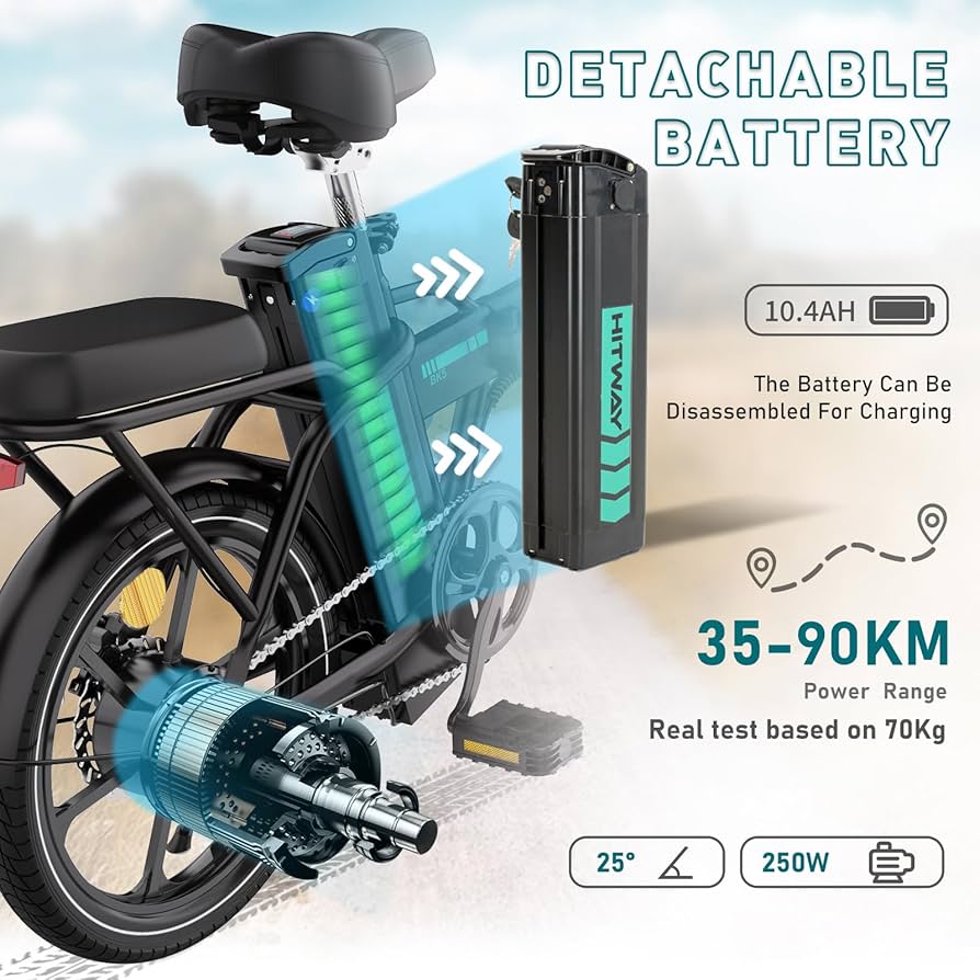 Electric bike showing its detachable 10.4Ah battery, internal components, and motor. Text highlights a 35-90km range per charge, 250W power, and removable battery feature for charging.