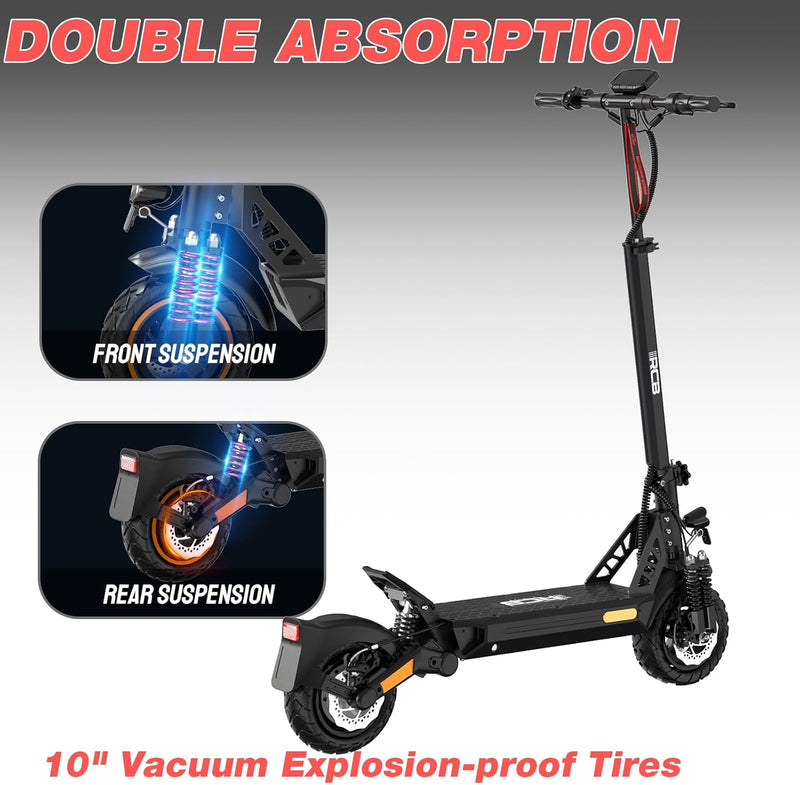 Electric scooter with text highlighting Double Absorption suspension system—front and rear suspension shown in close-up diagrams. Features 10-inch vacuum explosion-proof tires. The scooter is black with red and orange accents.