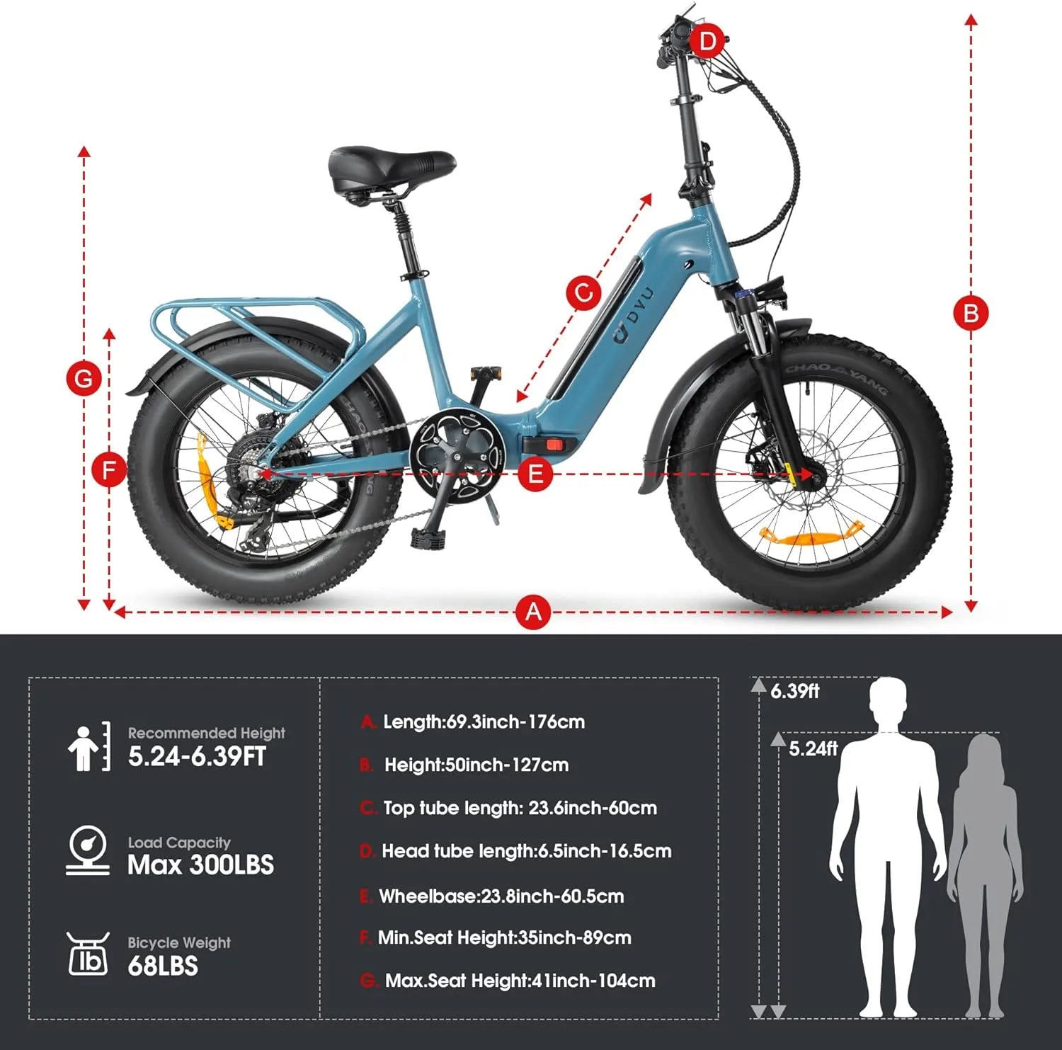 DYU FF500 Folding Fat Tyre Electric Bike dimensions